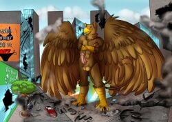 4_toes 5_fingers abs anthro avian balls beak biceps brown_body building building_destruction carpo city city_background city_destruction cityscape claw_marks claws cracks crush curling_toes destruction erection extreme_size_difference feathered_wings feathers feet finger_claws fingers footprint genitals gryphon humanoid_genitalia humanoid_penis landscape_dwarfing macro macro_anthro macro_male male muscular muscular_anthro muscular_male mythological_avian mythological_creature mythology nude outside pawpads pawprint paws pecs penile penis plant pyronite(commissioner) rampage size_difference sky smile smoke solo tail toe_claws toes uki_(artist) vehicle vehicle_destruction wings