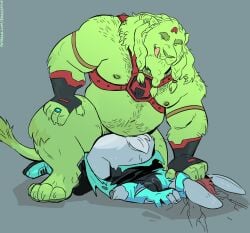 anal anal_sex anthro ass blueshift_ii body_hair bottomwear chest_hair clothed clothing concrete_floor cracked_ground dramamine duo faceplant felid forced forced_exposure from_behind_position hair harness hi_res lagomorph leporid lion male male/male male_penetrated male_penetrating male_penetrating_male mammal muscular muscular_anthro muscular_male nipples overweight pantherine pants pecs penetration rabbit ring scut_tail sex short_tail superhero superhero_costume tail tight_clothing topwear torn_bottomwear torn_clothing torn_pants
