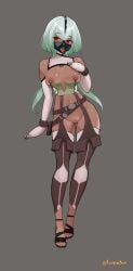 absurdres armbinder ass_visible_through_thighs bare_shoulders bondage breasts detached_collar emerald_sustrai gag gagged garter_straps green_hair grey_background highres long_hair lumpychan medium_breasts nipples open_mouth original panel_gag piercing pussy red_eyes rwby saliva_drip sandals standing thighhighs thighs tongue tongue_out tongue_piercing very_long_hair