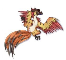 animal_genitalia armor avian bird blue_eyes claws cloaca cloacal_penis erection feathers feral focdecorbamon genitals headgear helmet horn male mane orange_body p.v.su penis solo striped_body stripes wings