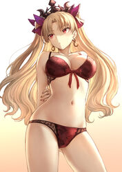 1girls blonde_hair bow_bra bra breasts earrings ereshkigal_(fate) fate/grand_order fate_(series) female jewelry lingerie mashu_003 navel panties posing red_eyes red_panties tagme tiara underwear