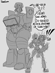 1boy 1girls alternative_universe arcee arcee_(g1) ass big_ass big_breasts big_penis bigger_female bottom_heavy bottomless breast_press breasts breasts_bigger_than_head curvaceous curvy curvy_body curvy_female curvy_figure doctor female grayscale huge_breasts huge_cock humanoid humanoid_penis inminent_sex massive_breasts massive_cock massive_penis mature_female metallic_body milf mosaic_censoring mosaic_censorship nurse original_character original_characters penis ratchet_(transformers) robocream robot robot_girl robot_humanoid robot_penis size_difference smaller_male surprise surprised surprised_expression surprised_face text text_bubble thick_legs thick_lips thick_thighs thighhighs transformers voluptuous voluptuous_female wide_hips wide_thighs