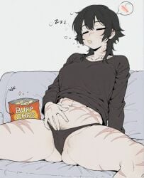 abs ai_assisted ai_generated arm_support bag_of_chips black_hair black_panties black_shirt blush breasts cameltoe chips_(food) closed_eyes collarbone couch eating female female_pubic_hair food leaning_back long_sleeves navel no_pants panties partially_visible_vulva pillow potato_chips pubic_hair pubic_hair_peek scar scar_on_chest scar_on_face scar_on_leg scar_on_stomach shirt short_hair simple_background sitting sleeping sleeping_upright snack solo sondu speech_bubble spread_legs underwear zzz