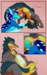 absurd_res anal anal_vore animal_genitalia anthro anus ass balls bioluminescence blue_body blue_fur brom_(sahurus) claws collar duo eye_contact fangs fur genitals glowing green_body green_fur grey_body grey_fur hi_res hyper hyper_genitalia kitmurade looking_at_another male male/male paws sergal smile tail tail_tuft teeth tuft turqoise_fur vore yellow_body yellow_fur zeitheron