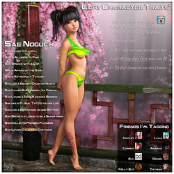 1girls 3d artist_name bare_shoulders barefoot becarra big_breasts bikini bikini_bottom bikini_top black_eyes black_hair breasts busty cleavage curvy double_bun english_text eyelashes female female_only front_view hair_bun hairbun hourglass_figure human long_hair looking_at_viewer midriff outdoors outside pose posing sae_noguchi shadow shiny shiny_skin short_hair skimpy solo standing swimsuit tattoo text tied_hair underboob voluptuous wide_hips