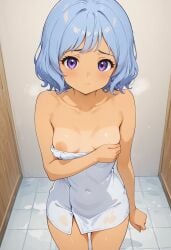 ai ai_generated anime anime_style cheek covering_breasts covering_up cute cute_face eyes káeli_xyovka_(character) kaybur_(series) la_coroneta_(series) nervous nervous_female nervous_smile purple purple_eyes rubbing short_hair short_hair_female shy shy_female skyblue_hair small_breasts towel towel_only