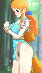 2d 2d_(artwork) breasts bush clothing embarrassed female female_only female_pubic_hair hairy_pussy light-skinned_female light_skin long_hair nami_(one_piece) no_bra no_panties noxdsa nude nude_female one_piece orange_hair outfit pubic_hair pussy solo solo_female solo_focus thick_ass thick_thighs thighs