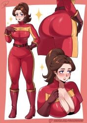 absurdres artist_name ass biker_clothes blue_eyes breasts cleavage deliciousbrain earrings female highres jewelry large_breasts lipstick makeup mario_(series) mario_kart mario_kart_world multiple_views nintendo official_alternate_costume official_alternate_hairstyle pauline ponytail red_lips