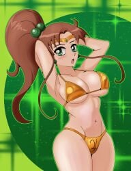 1girls alluring armpits arms_behind_head big_breasts bikini bishoujo_senshi_sailor_moon blackhook brown_hair busty child_bearing_hips cleavage curvy female female_only gold_bikini green_eyes high_res large_breasts legs long_hair looking_at_viewer makoto_kino navel open_mouth pose posing sailor_jupiter sexy sexy_pose sideboob solo thick_thighs thighs under_boob voluptuous wide_hips