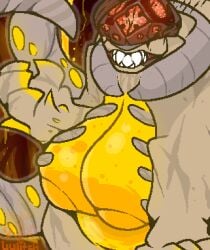 age_difference anthro areola armor belly berserker_(gears_of_war) big_areola big_breasts big_nipples bodily_fluids bone breasts cave cavern claws digital_media_(artwork) epic_games fangs female fluid_on_breasts gears_of_war headgear helmet hi_res huge_areola huge_breasts huge_nipples hyper hyper_breasts infection locust_(gears_of_war) microsoft monster muscular muscular_anthro muscular_female nipples nude older_female overweight sharp_teeth simple_background solo teeth tentacle thick_thighs transformation translucent translucent_body uulitch wide_hips xbox_game_studios