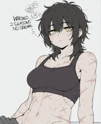 abs ai_assisted bare_shoulders black_hair breasts cleavage closed_mouth english_text female grey_background large_breasts medium_breasts medium_hair messy_hair midriff muscular muscular_female navel scar scar_on_arm scar_on_cheek scar_on_chest scar_on_face scar_on_stomach scars short_hair simple_background sitting solo sondu sports_bra sweat thought_bubble tomboy wolf_cut yellow_eyes