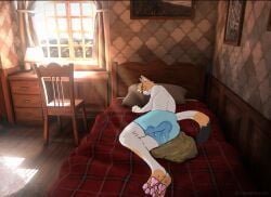 anthro barefoot bed bedroom bedwetting blue_boxers blue_clothing blue_underwear bodily_fluids boxer_briefs boxer_briefs_only boxers_(clothing) calico_cat chair clothed clothing crescentcanine desk domestic_cat feet felid feline felis furniture genital_fluids head_tuft hi_res male mammal omorashi painting pawpads relieved shirtless sleeping solo table tail toast_(extraspicycat) topless tuft underwear underwear_only urine urine_pool wetting wetting_bottomwear window