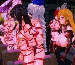 3d ball_gag bit_gag blindfold bondage chinkaigyogyo cleave_gag clownpiece eirin_yagokoro fujiwara_chika gag hecatia_lapislazuli junko_(touhou) kaguya_houraisan keine_kamishirasawa multiple_girls nude reisen_udongein_inaba touhou yagokoro_eirin