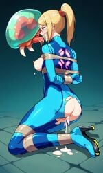 ai_generated ass_focus bare_ass cum_in_pussy exposed_breasts female femsub gagged metroid metroid_(creature) monster_cock monster_rape samus_aran tape_bondage tape_gag taped_mouth tied_up torn_clothing