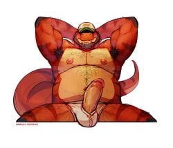 2025 anthro areola arm_hair baseball_cap beard belly_hair big_tail body_hair chest_hair clothing dinosaur erection facial_hair front_view hairy hands_behind_head happy_trail hat headgear headwear hi_res leg_hair male musclegut muscular muscular_anthro muscular_arms muscular_male nipples obscured_eyes overweight overweight_anthro overweight_male pecs prehistoric_species reptile scalie sinibun_95 solo tail theropod thick_tail tiran tyrannosaurid tyrannosauroid tyrannosaurus tyrannosaurus_rex underwear