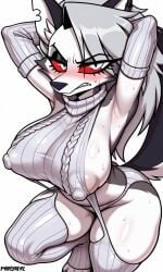 1furry 1girls ai_generated anthro arms_behind_head big_breasts blush breasts ecchi erect_nipples female furry hands_behind_head hellhound helluva_boss looking_at_viewer loona_(helluva_boss) nipples_bulge nipples_visible_through_clothing no_bra panties roger1011 sweat sweatdrop sweating sweaty sweaty_body thick_thighs white_background wolf wolf_ears wolf_girl wolf_tail