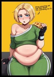 1girls ai_assisted ai_generated ben03020 blonde_hair chubby chubby_female fat fat_belly female food highres iq_(rainbow_six) rainbow_six rainbow_six_siege sportswear