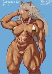 1girls abs animal_ears biceps big_breasts bikini breasts female female_only flexing ghislaine_dedoldia grey_hair looking_at_viewer muscular muscular_female mushoku_tensei scar sling_bikini solo swimsuit thick_thighs thunder_thighs tool01k wide_hips