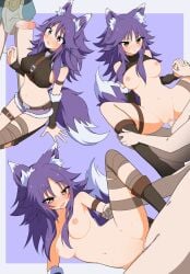1boy absurdres animal_ear_fluff animal_ears arm_belt arm_strap belt blush breasts censored clothes_lift criss-cross_halter female fur-trimmed_shorts fur_trim halterneck highres holding_hands large_breasts long_hair luke_(b10a3123m) lying makoto_(princess_connect!) male mosaic_censoring navel nipples nose_blush on_side open_mouth penis penis_awe princess_connect! purple_hair purple_shorts pussy_juice sex shirt_lift shorts sidelocks simple_background solo_focus spread_legs straight tail thigh_belt thigh_strap vaginal_penetration wolf_ears wolf_girl wolf_tail yellow_eyes