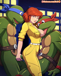 1girls 2boys april_o'neil april_o'neil_(tmnt_1987) breasts brothers clothed_sex double_penetration female handjob interspecies jumpsuit leonardo licking_breast looking_back male nipples one_breast_out penis raphael red_hair reit sandwiched short_hair smile teenage_mutant_ninja_turtles tmnt_1987 veiny_penis