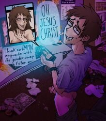 1boy brown_hair dork_nokia dr_pepper funny geek genderswap_(mtf) glasses incel jerking jerkingoff loser nerd oc original_character pathetic_male penis penis_out semi_nude white_skin
