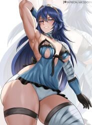 1girls arcedo bandaged_arm bandaged_leg blue_eyes blue_hair blush breasts cleavage clothing cosplay female female_only fire_emblem fire_emblem_awakening hair hand_behind_head hips kaine_(nier)_(cosplay) long_hair lucina_(fire_emblem) medium_breasts nier nier_(series) nier_replicant nintendo ribbon smile solo solo_female thick_thighs thigh_strap thighs wide_hips