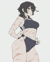 abs adjusting_clothes ai_assisted ai_generated black_hair blush breasts buruma cameltoe closed_mouth cowboy_shot female grey_background medium_breasts medium_hair midriff muscular muscular_female navel scar scar_on_arm scar_on_chest scar_on_leg scar_on_stomach scars short_hair simple_background solo sondu sports_bra sportswear sweat thighs tomboy white_background wolf_cut yellow_eyes