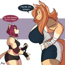 2girls abs anthro artjwink biceps breasts breasts_bigger_than_head dialogue female female_anthro fighter fighters freckles freckles_on_face furry furry_female furry_only hand_on_hip hands_on_hips horse horse_ears horse_girl horse_tail jwinkz kaylee_(jwinkz) large_breasts larger_female lion lion_ears lion_girl lion_tail long_hair looking_at_each_other medium_breasts muscular muscular_female orange_hair red_hair short_hair simple_background tail thick_thighs thighs thighs_bigger_than_head thighs_bigger_than_torso