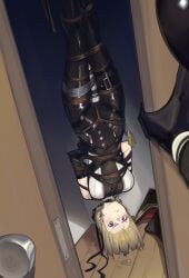 1girls absurdres angry arms_behind_back bare_shoulders black_ribbon blonde_hair bondage bound bound_arms braid braided_bun breasts cad_(caddo) clenched_teeth commission crotch_rope elbow_gloves evelyn_chevalier female gloves hair_bun highres hitachi_magic_wand long_hair looking_at_viewer medium_breasts pixiv_commission purple_eyes restrained ribbon sex_toy shibari_over_clothes single_elbow_glove suspension tape teeth upside-down vibrator zenless_zone_zero