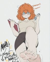1boy @_@ ai_assisted ai_generated barefoot black_panties blue_eyes blush book breasts brown_skirt cellphone closed_mouth curly_hair english_text feet female flying_sweatdrops foot_focus foreshortening freckles glasses hair_between_eyes holding holding_book holding_phone male medium_hair messy_hair orange_hair panties pantyshot pencil_skirt phone pov shirt simple_background skirt smartphone soles solo_focus sondu sweat sweatdrop toenails toes underwear white_background