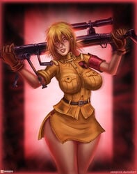 1girls bare_legs belt belt_buckle big_breasts bipod blonde_hair clothed_female fangs gloves gun hellsing hellsing_ultimate leather_gloves legs_together military_jacket miniskirt red_eyes seras_victoria skirt standing tagme uniform vampire vempire yellow_clothing yellow_skirt