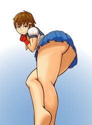 1girls ass ass_focus bat_bastard bent_over big_ass bottomless bottomless_skirt brown_eyes brown_hair capcom female female_focus female_only from_behind gloves headband sakura_kasugano school_uniform schoolgirl short_hair skirt smile solo solo_female solo_focus street_fighter thick thick_ass thick_thighs tomboy upskirt
