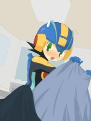 2boys big_penis blush boner boner_in_pants boner_under_clothes duo embarrassed erect_penis erection erection_under_clothes gay male mega_man mega_man_battle_network megaman.exe morning_wood nakaharu netnavi peis penis sheet_grab sheets twink waking_up yaoi
