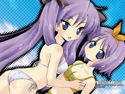2girls artist_name artist_website asai_ichiko blue_eyes female hand_on_another's_chest kagami_hiiragi lavender_hair looking_at_viewer looking_back_at_viewer lucky_star short_hair tagme tsukasa_hiiragi twins underwear_only very_long_hair