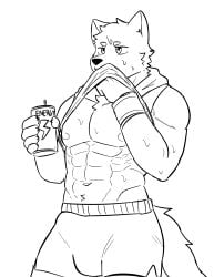 abs absurd_res anthro biceps bottomwear bulge canid canine canis clothed clothing clothing_lift detailed_bulge genital_outline hair hi_res male mammal muscular muscular_male nipples northwoooof pecs penis_outline shirt shirt_lift shorts sleeveless_clothing solo standing topwear wolf