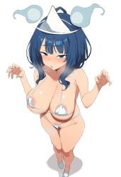 1girls areola_slip big_breasts bikini blue_eyes blue_hair blush breasts bursting_breasts busty cleavage female female_only from_above half-closed_eyes highres large_breasts legs looking_at_viewer make_heroine_ga_oo_sugiru! navel open_mouth pubic_hair pubic_hair_peek sideboob smell solo swimsuit thighs thong_bikini voluptuous white_bikini will-o-wisp yanami_anna