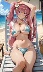1girls ai_generated beach bikini kyochuu_rettou large_breasts miura_mami pink_eyes pink_hair sexy smile twintails