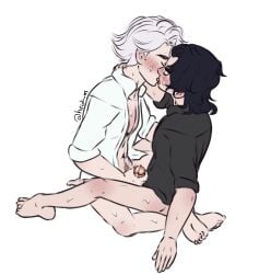 2boys black_hair frottage heidibiersack heidii_m kissing male male_only nice_(to_be_hero_x) penis to_be_hero_x white_hair wreck_(to_be_hero_x) yaoi