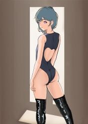 blue_hair bodysuit boots femboy looking_back short_hair simple_background solo standing swimsuit thin