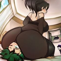 1boy 1girls arkeus ass backsack blush facesitting female femdom grin huge_ass izuku_midoriya lingerie male mineta_minoru minoru_mineta momo_yaoyorozu my_hero_academia ponytail