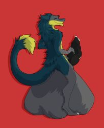 animal_genitalia anthro bodily_fluids brom_(sahurus) claws cock_vore cum fangs fur genital_fluids genitals green_body green_fur grey_body grey_fur hi_res hyper hyper_genitalia leaking_cum looking_at_viewer male penile penis rear_view red_eyes sergal smile smiling_at_viewer smirk smirking_at_viewer solo tail tail_tuft teeth tuft unfortunatelyalive vore yellow_body yellow_fur