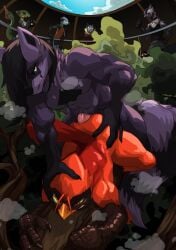 absurd_res anal anthro avian beak bird cardinal_(bird) chalk_outline clothed clothing duo feathers felid fish genitals hand_on_butt hand_on_head hi_res male male/male mammal marine nude oscine pantherine passerine penguin penis plant procyonid public raccoon snow_leopard tree