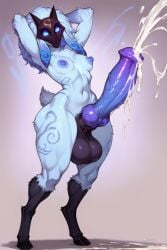 ai_generated balls big_balls breasts cum cumming furry futanari hooves horsecock horsecock_futanari huge_cock intersex kindred knot league_of_legends mask penis plain_background sheep solo white_fur