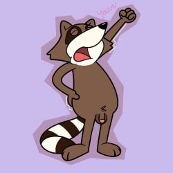 2025 anthro balls brown_body fabricationist flaccid genitals hi_res male mammal open_mouth pb_and_j_otter penis procyonid raccoon simple_background small_penis solo stretching walter_raccoon yawn