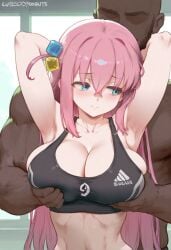 1boy 1girls ai_generated arms_behind_head arms_up averting_eyes blush bocchi_the_rock! bra breast_grab cleavage dark-skinned_male dark_skin embarrassed faceless_male facing_viewer female gotou_hitori grabbing_from_behind gym indoors interracial large_breasts light-skinned_female light_skin looking_to_the_side muscular_male navel sad sad_smile sexy shy sports_bra straight stubble