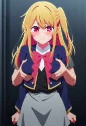big_bow_tie blue_jacket blush blushing_at_viewer clothed clothed_female clothed_sex girl hand_on_breast high_school_uniform hoshino_ruby large_ribbon long_hair long_sleeves medium_breasts oshi_no_ko red_eyes ribbon ribbon_tie school_uniform schoolgirl schoolgirl_uniform skirt yellow_hair youtou_high_school_uniform