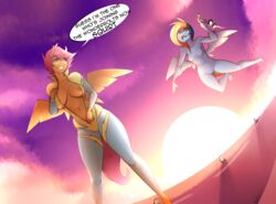 anthro body_swap bodysuit breasts clothing da3rd dialogue duo english_text equine eyewear feathered_wings feathers female flying friendship_is_magic goggles mammal my_little_pony nipples outside pegasus pussy rainbow_dash_(mlp) scootaloo_(mlp) standing straight_hair surprise text thick_thighs tight_clothing wide_hips wings