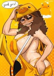 1girls big_breasts breasts dj_(tds) duck ducky_dj_(tds) english_text female hat jojo_reference official_alternate_costume overalls roblox roblox_game robloxian sideboob solo speech_bubble standing tagme text thick_thighs thighs tower_defense_simulator trophimos