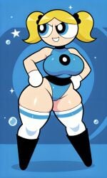 1girl :d ai_generated black_boos blonde_hair blue_background blue_eyes blue_leotard bubbles bubbles_(powerpuff_girls) busty clothed confident curvy female hair_ties large_breasts leotard pixai powerpuff_girls simple_background smile solo sparkles stars striped_thighhighs superhero_costume superheroine tall_girl thick_thighs twintails white_gloves white_thighhighs wide_hips