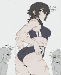 2girls 3girls ai_assisted ai_generated ass black_hair blush breasts english_text female long_hair looking_at_viewer medium_breasts medium_hair multiple_girls muscular muscular_female open_mouth panties ponytail scar scar_on_arm scar_on_face scar_on_leg scars shorts siblings simple_background sisters solo_focus sondu sports_bra sweat thighs tomboy underwear wolf_cut yellow_eyes